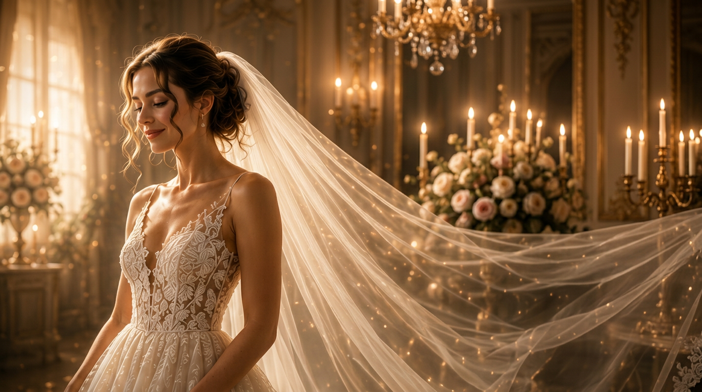 Bride in ivory lace gown under warm chandelier light